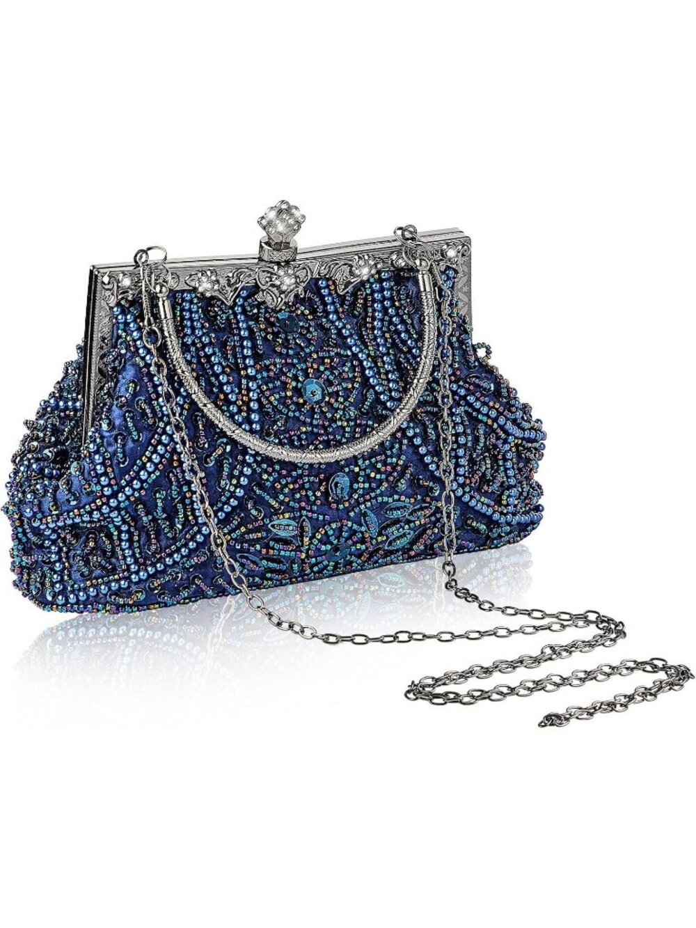 Womens Blue Beaded Rhinestone 1920s Flapper Kiss Lock Frame Evening Bag Clutch
